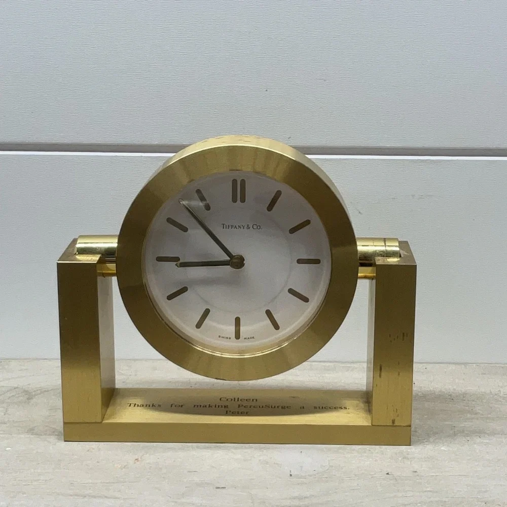 Tiffany & Co Swiss Made Brass Gimbal Desk Clock Gold Tone Swivel Office Decor